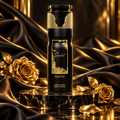 Frasco de spray para corpo preto e dourado com texto Scarlet, RiiFFS, PERFUMED BODY SPRAY em fundo de tecido preto e rosas douradas.