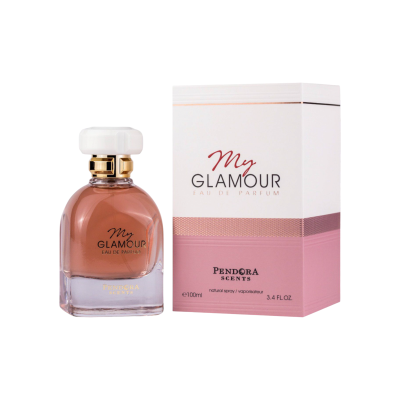 Frasco de perfume My Glamour e sua caixa em fundo branco