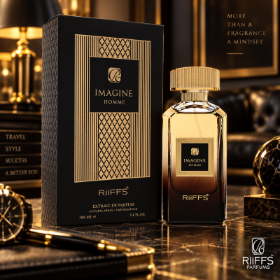 Frasco e caixa de perfume Imagine Homme RiiFFS em ambiente sofisticado dourado e preto