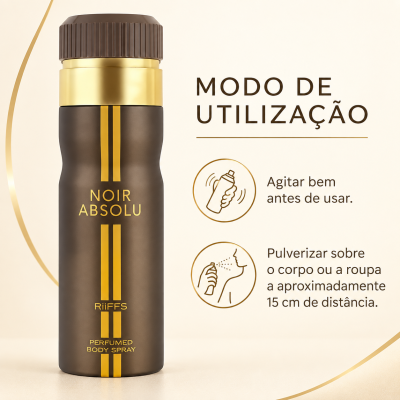 Spray corporal perfumado castanho com detalhes dourados e instruções de uso em português