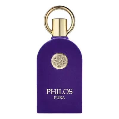 Frasco de perfume roxo aveludado PHILOS PURA com tampa dourada e emblema circular