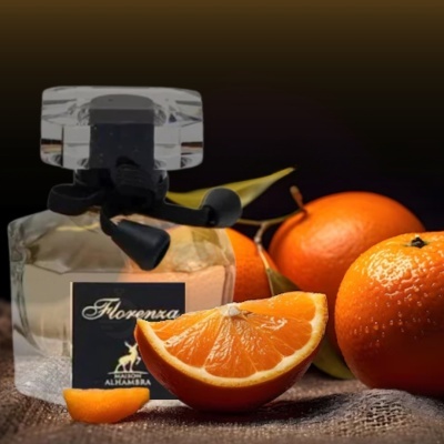Frasco de perfume Florenza com tangerinas ao fundo