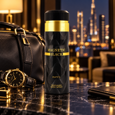 Frasco preto de spray corporal perfumado com vários acessórios de couro preto e fundo urbano desfocado à noite