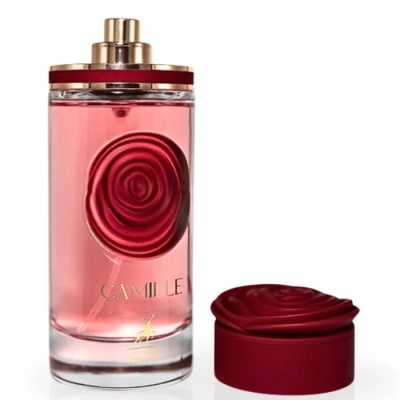 Frasco de perfume rosa com tampa vermelha em forma de rosa