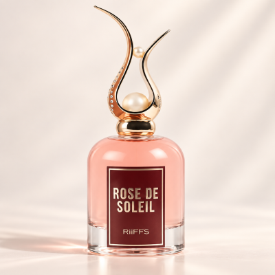 Frasco de perfume ROSE DE SOLEIL RiiFFS rosa com tampa dourada e pérolas