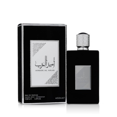 Frasco de perfume preto e embalagem preta com texto prateado