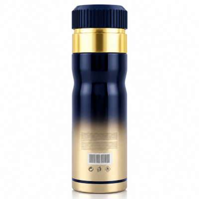 Frasco azul e dourado com código de barras e símbolos de reciclagem.