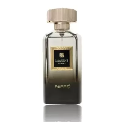Frasco de perfume Imagine Homme RiiFFS com vidro cinza a preto e tampa dourada