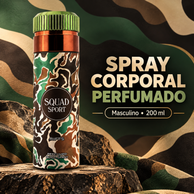 frasco de spray corporal com padrão camuflado e texto SQUAD SPORT