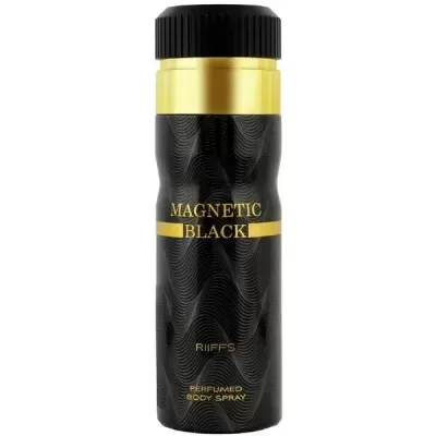 Frasco preto com detalhes dourados e texto MAGNETIC BLACK, RIIFFS, PERFUMED BODY SPRAY