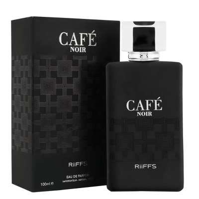 Frasco e caixa preta de perfume Café Noir