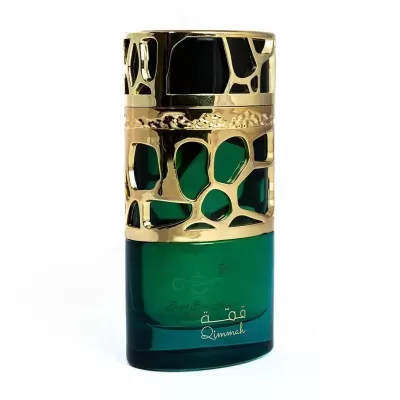 Frasco de perfume verde com tampa dourada decorativa
