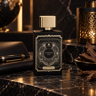 Frasco de perfume preto com tampa dourada e rótulo decorado em mármore preto