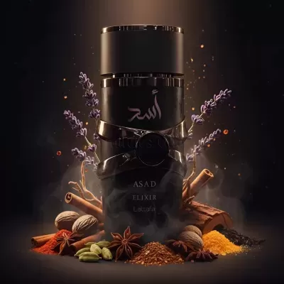 Frasco preto de perfume ASAD ELIXIR Lattafa com especiarias ao redor