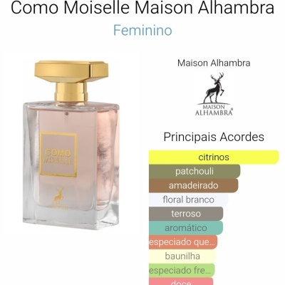 Frasco de perfume Como Moiselle Maison Alhambra feminino com líquido rosa e tampa dourada
