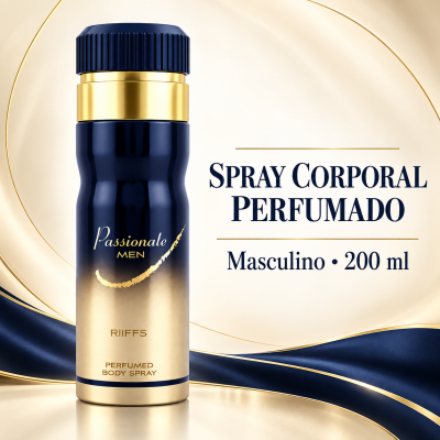 Frasco de spray corporal perfumado masculino em azul e dourado