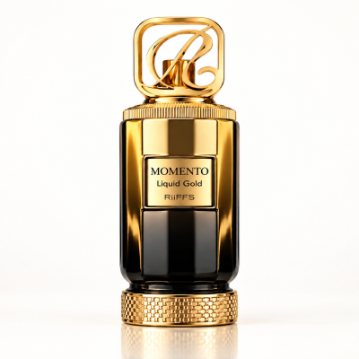 Frasco de perfume dourado e preto com etiqueta MOMENTO Liquid Gold
