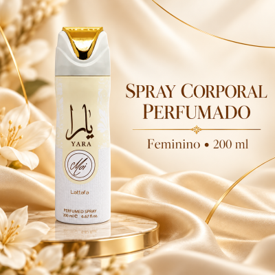 Frasco de spray corporal perfumado feminino YARA Lattafa 200 ml em ambiente dourado com flores e tecido