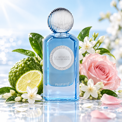 Frasco azul de perfume com flores e frutos cítricos ao redor