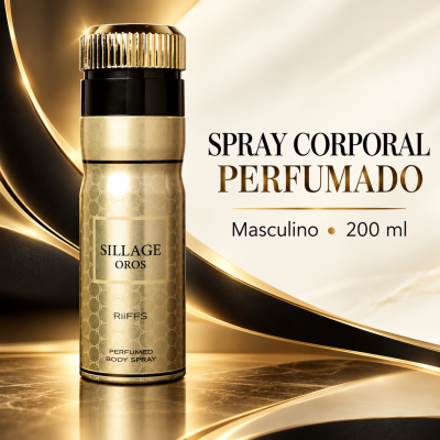 Spray corporal perfumado masculino SILLAGE OROS 200 ml em frasco dourado e preto