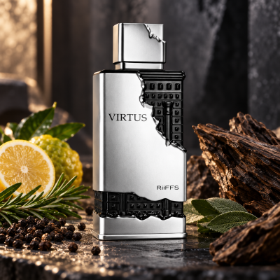 Frasco de perfume metálico prateado e preto com limão, bagas de pimenta, raminhos verdes e madeira