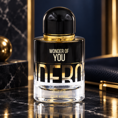 Frasco de perfume preto e dourado sobre superfície de mármore preto.