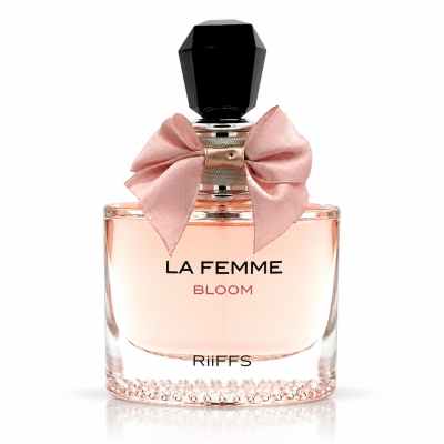 Frasco de perfume LA FEMME BLOOM com laço rosa e tampa preta