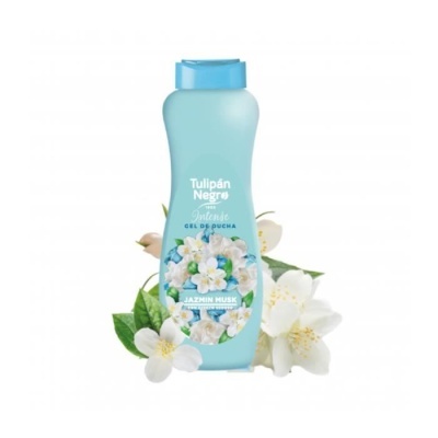 Frasco azul claro de gel de ducha com ilustração de flores brancas e texto Tulipán Negro Jazmín Musk