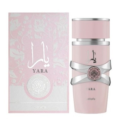Frasco e embalagem de perfume YARA Lattafa rosa claro com detalhes prateados