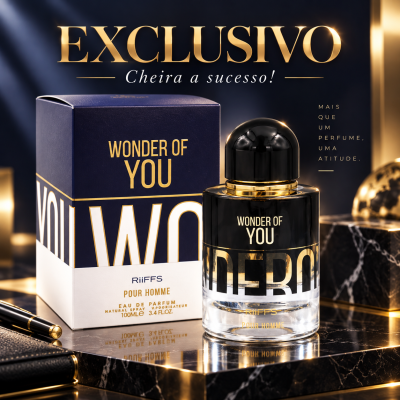 Perfume masculino WONDER OF YOU com caixa e frasco preto e dourado em superfície de mármore