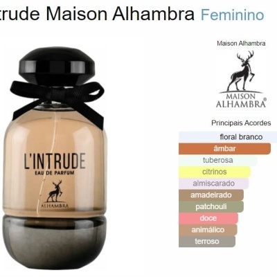 Frasco de perfume feminino L'Intrude Maison Alhambra com texto e lista de acordes