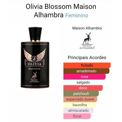 Frasco preto de perfume Olivia Blossom e lista de acordes coloridos