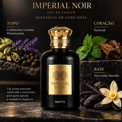 Frasco de perfume preto com tampa dourada Imperial Noir RiiFFS sobre base de mármore com ingredientes naturais