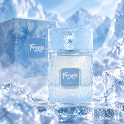 Frasco de perfume azul congelado com rótulo Freeze RiiFFS rodeado por gelo