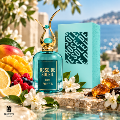 Frasco de perfume azul com tampa dourada e embalagem azul ao lado em superfície de pedra com flores e frutas ao redor.