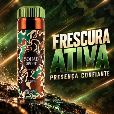 Frasco de body spray SQUAD SPORT camuflado com tampa verde sobre fundo escuro com texto promocional