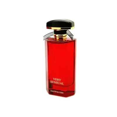 Frasco de perfume vermelho Very Sensual com tampa preta e dourada