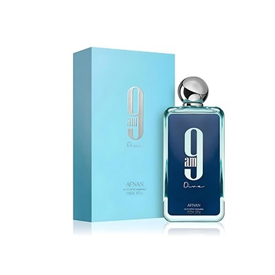 Perfume Afnan 9 I am Divine com frasco azul escuro e caixa azul clara
