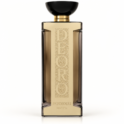 Frasco de perfume DEORO Patchouli Riffs com líquido âmbar e tampa preta e dourada