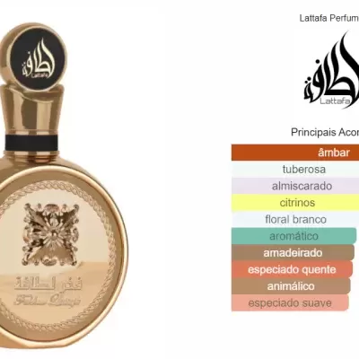 Frasco de perfume dourado com tampa preta e dourada e lista de acordes principais