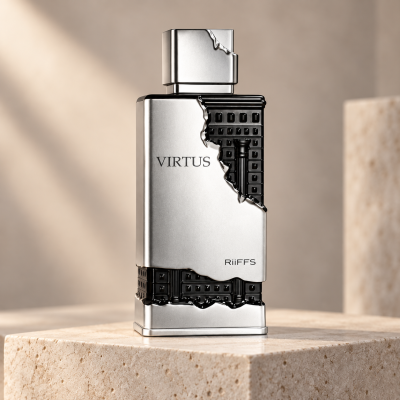 Frasco prateado e preto de perfume com texto VIRTUS e RiiFFS sobre pedra clara.