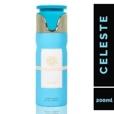 Frasco azul claro de spray corporal perfumado CELESTE com detalhes dourados e etiqueta branca, capacidade 200ml.