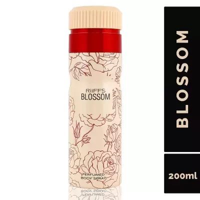 Frasco de spray corporal perfumado RIIFFS BLOSSOM 200ml com tampa creme e decoração floral rosa