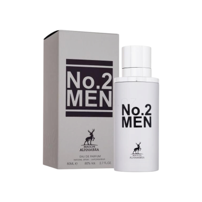 Perfume No. 2 MEN em frasco branco com caixa cinzenta e texto preto