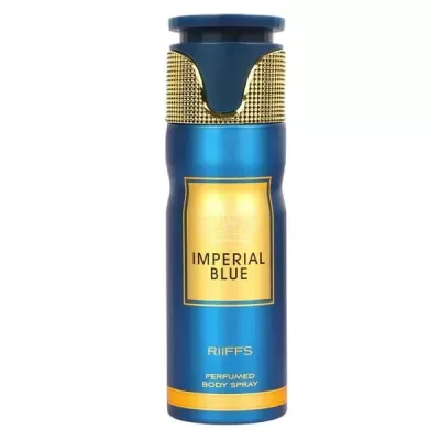 Frasco azul metálico com spray corporal Imperial Blue e detalhes dourados