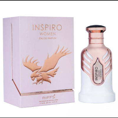 Frasco de perfume INSPIRO WOMEN com caixa lilás e detalhes dourados e rose gold