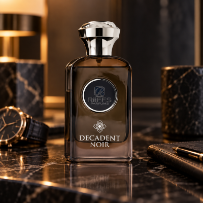Frasco de perfume âmbar RIIFFS PARFUMS DECANDENT NOIR sobre mesa de mármore preto.