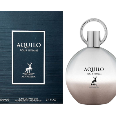 Perfume AQUILO POUR HOMME com embalagem azul e frasco prateado