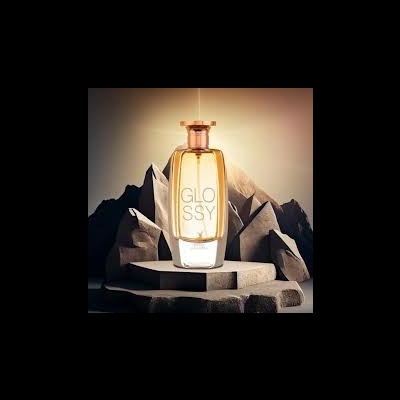 Frasco de perfume GLOSSY em vidro com tampa dourada sobre pedras