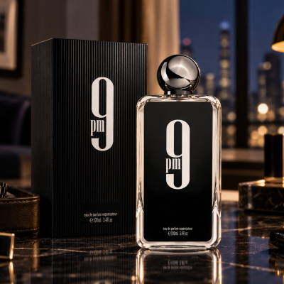 Frasco e caixa de perfume 9 pm em ambiente interior luxuoso